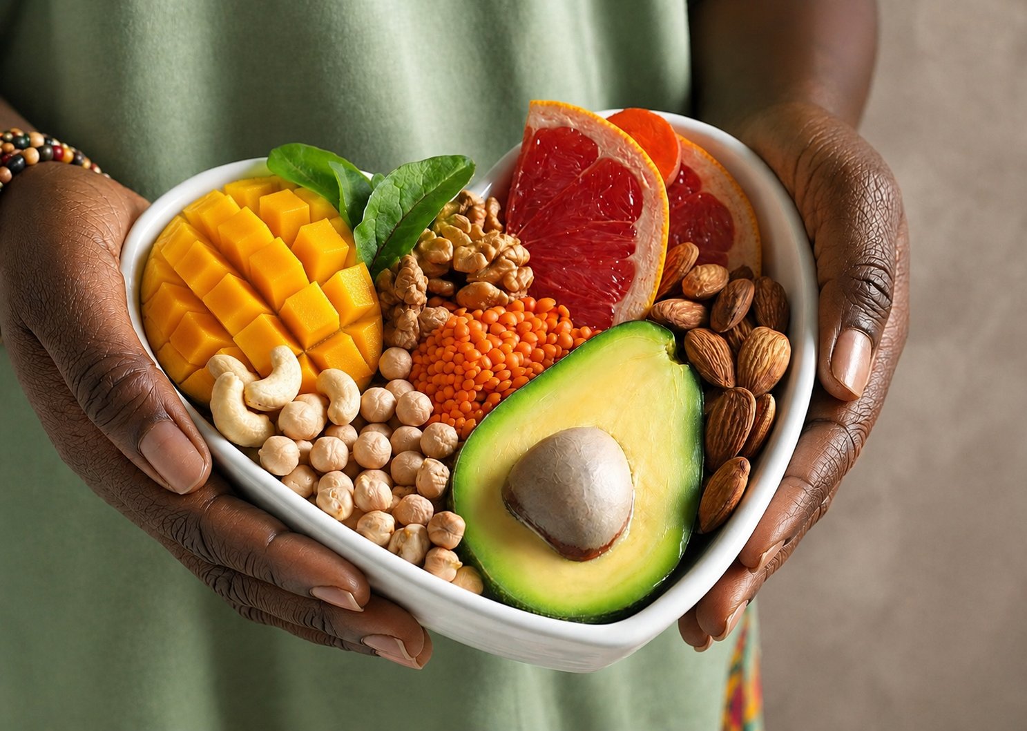 Toybetty Foods wellness consultation — woman holding heart-shaped bowl of healthy foods